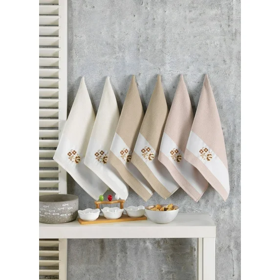 KAFTHAN Textile Taupe Floral Cotton Kitchen Towel Set (Set of 6)