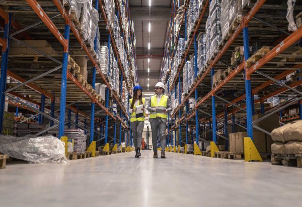 Workers with hardhats and reflective jackets walking through big warehouse aisle checking goods condition.